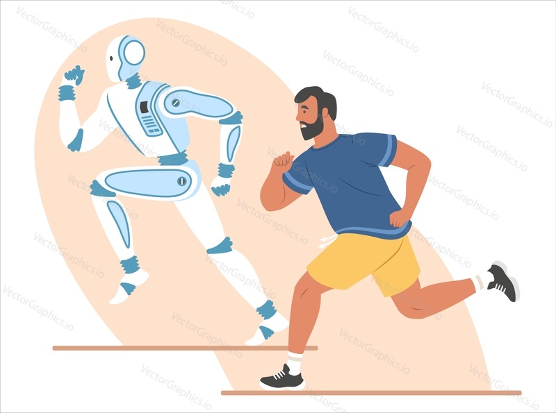 Робот и человек бегут марафонскую гонку, плоская векторная иллюстрация. Роботизированная машина выигрывает соревнование. Искусственный интеллект против человека.