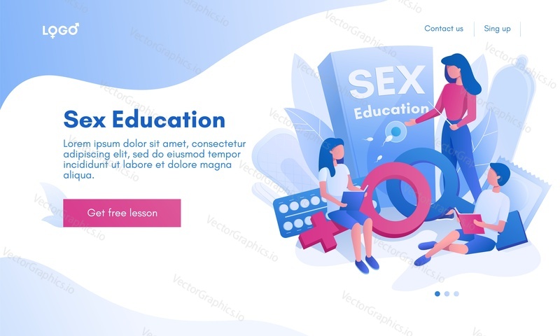 Дизайн целевой страницы по половому воспитанию, шаблон баннера веб-сайта, плоская векторная иллюстрация. Сексуальность и гендер. Сексуальное здоровье.