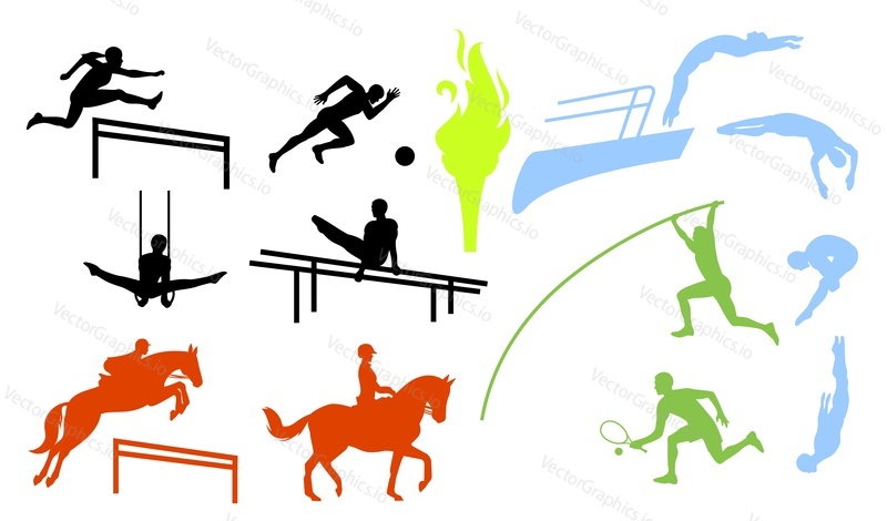 Спортивные люди, силуэт профессионального спортсмена, мужской женский набор символов, векторная иллюстрация. Футбол, теннис, художественная гимнастика, прыжки с трамплина, конный спорт, верховая езда.