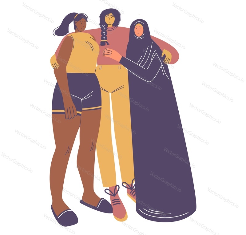 Счастливые разноплановые женщины, обнимающиеся вместе, плоская векторная иллюстрация. Международный женский день, 8 марта, феминизм.