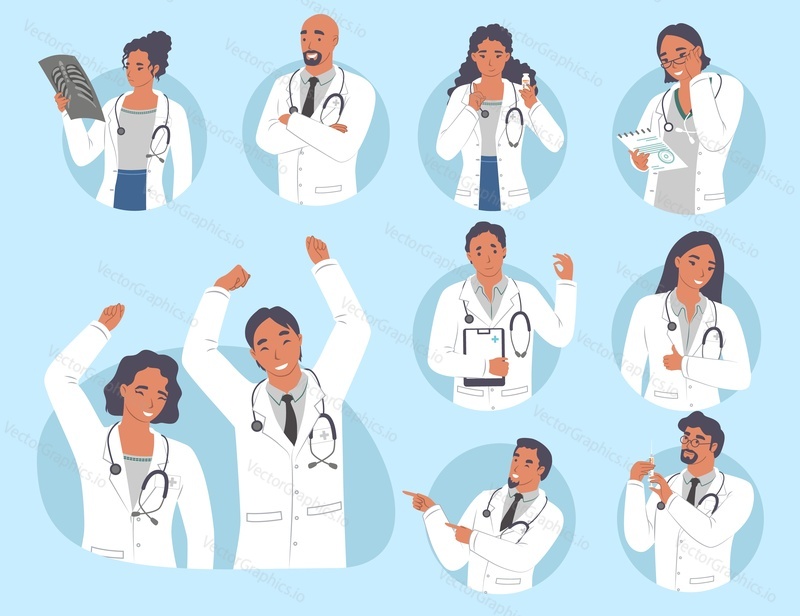 Врач, медицинские работники, набор мультяшных персонажей мужского и женского пола, плоская векторная изолированная иллюстрация. Люди демонстрируют различные жесты руками, выражающие чувства и эмоции.