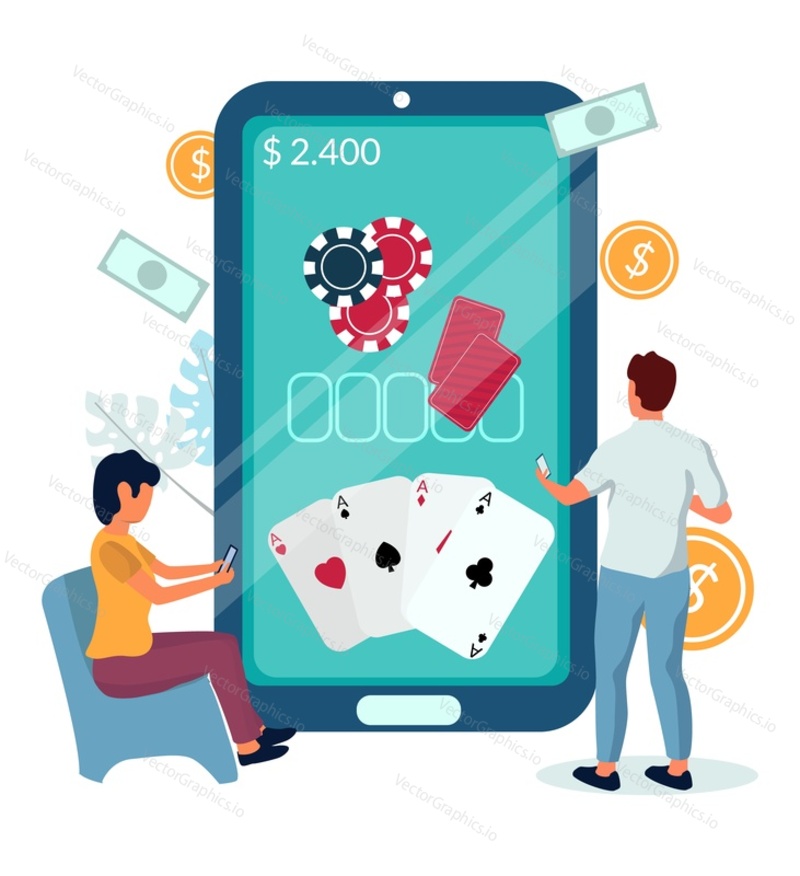 Люди, играющие в мобильные игры казино онлайн, плоская векторная иллюстрация. Онлайн-игра в покер. Индустрия азартных игр.