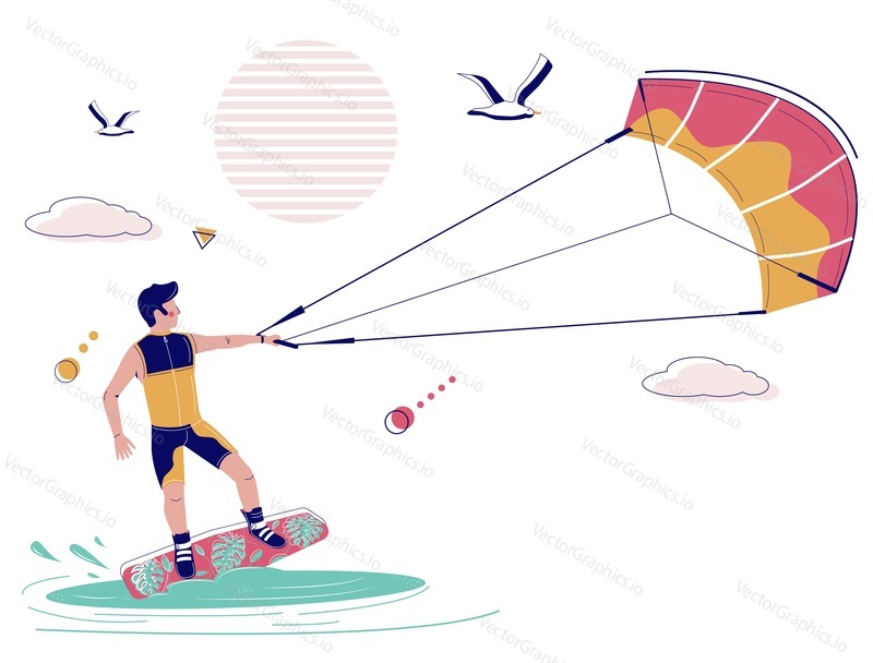Кайтбордист на кайтборде, которого тянет по воде воздушный змей, векторная иллюстрация. Кайтбординг, кайтсерфинг, экстремальные водные виды спорта, летние пляжные развлечения.
