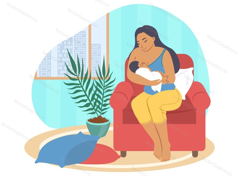 Счастливая мать, кормящая грудью своего новорожденного ребенка, сидя в кресле, плоская векторная иллюстрация. Счастливое материнство, уход за детьми, воспитание детей.