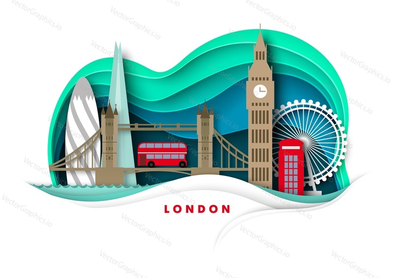 Горизонт Лондона, Англия, Великобритания, векторная иллюстрация в стиле бумажного искусства. Лондонские часы Биг-Бен, Тауэрский мост, колесо обозрения, всемирно известные достопримечательности и туристические аттракционы. Путешествия по всему миру.