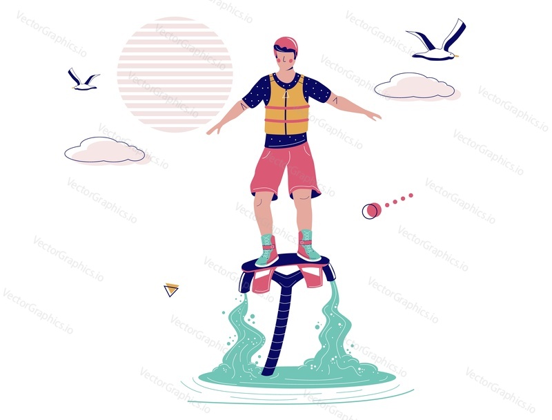 Человек, летящий на флайборде, плоская векторная иллюстрация. Флайбординг, экстремальные водные виды спорта и активный отдых. Летние пляжные развлечения, спорт и отдых на природе. Водный реактивный ранец для флайборда.