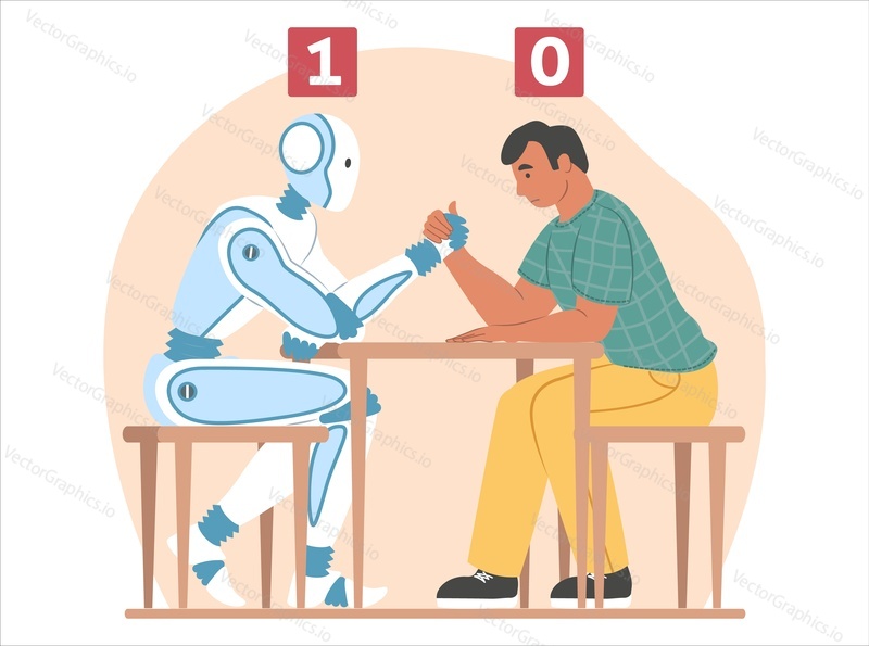 Искусственный интеллект против человека, плоская векторная иллюстрация. Схватка по армрестлингу между роботом-машиной и бизнесменом. Интеллектуальные машины заменяют человеческий ресурс.