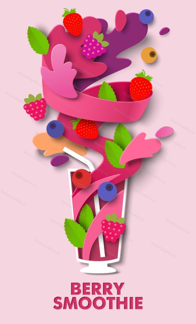 Стакан вкусного ягодного смузи, вырезанная из векторной бумаги иллюстрация. Полезный фруктовый напиток из клубники, малины, черники. Пища, богатая витаминами и минералами. Шаблон плаката с ягодным смузи