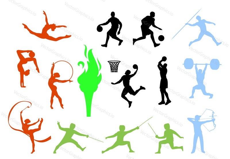 Спортивные люди, силуэт профессионального спортсмена, набор мужских и женских персонажей, векторная изолированная иллюстрация. Художественная гимнастика, фехтование, стрельба из лука, метание копья, баскетбол, бодибилдинг.