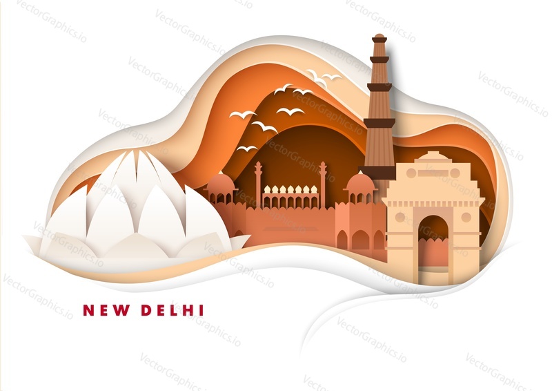 Горизонт города Нью-Дели, векторная иллюстрация в стиле бумажного искусства. Ворота Индии, Храм Лотоса, всемирно известные достопримечательности и туристические аттракционы в Дели. Путешествия по всему миру.