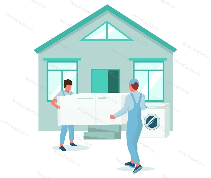 Два грузчика вносят холодильник в дом, плоская векторная иллюстрация. Перемещение. Услуги транспортной компании. Электронная доставка, грузоперевозки.