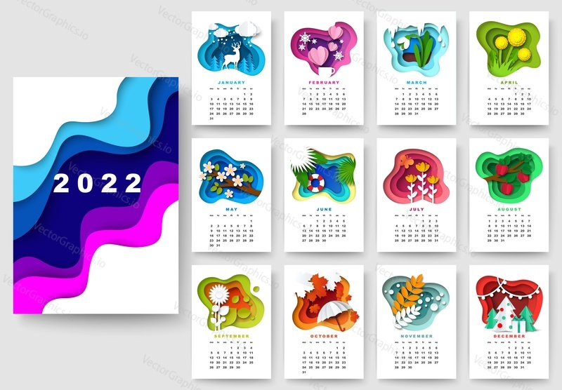 Шаблон календаря на 2022 год. Природа зимнего, весеннего, летнего, осеннего сезонов и цветочный дизайн, векторная иллюстрация в стиле бумажного искусства.