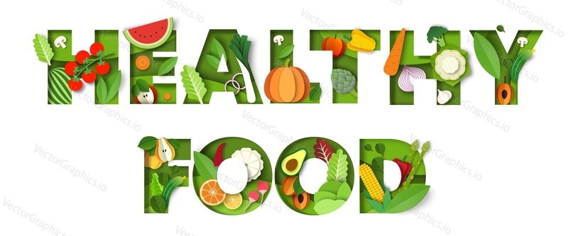 Векторный шаблон баннера с типографикой здорового питания. Из бумаги нарезают свежие овощи, сладкий арбуз, яблоко, абрикос, сливу, экзотические фрукты. Здоровое питание, веганская диета, органическое питание.