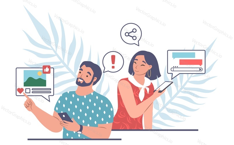 Happy couple with mobile phones and sms, chat bubbles, flat vector illustration. Man and woman chatting online, texting messages. Online communication.