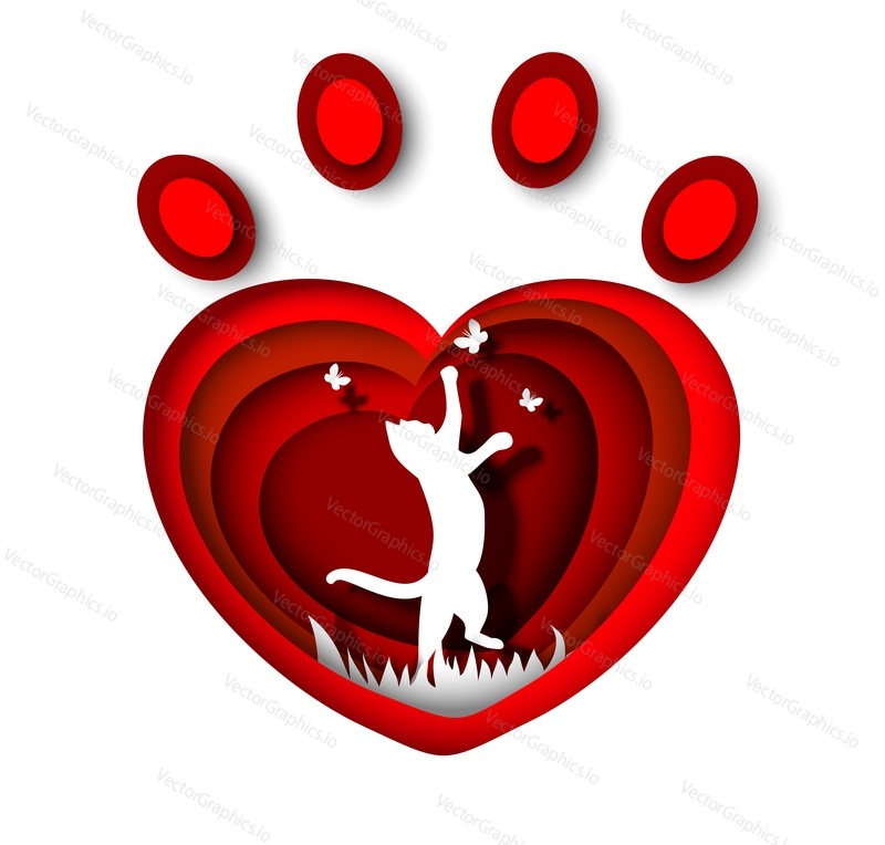 Белый силуэт счастливого кота в форме красного сердца с отпечатком лапы домашнего животного, векторная иллюстрация в стиле бумажного искусства. Шаблон дизайна логотипа зоомагазина, приюта, ветеринара.