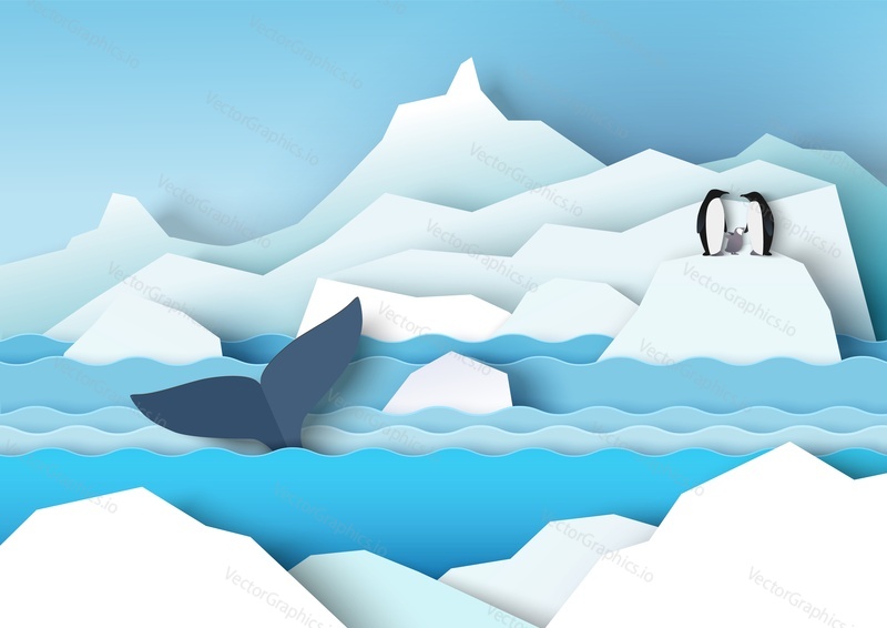 Пейзаж Антарктиды с ледниками, семья императорских пингвинов на айсберге и кит в океанской воде, векторная иллюстрация в стиле бумажного искусства. Пейзаж Южного полюса. Дикая природа Антарктиды.