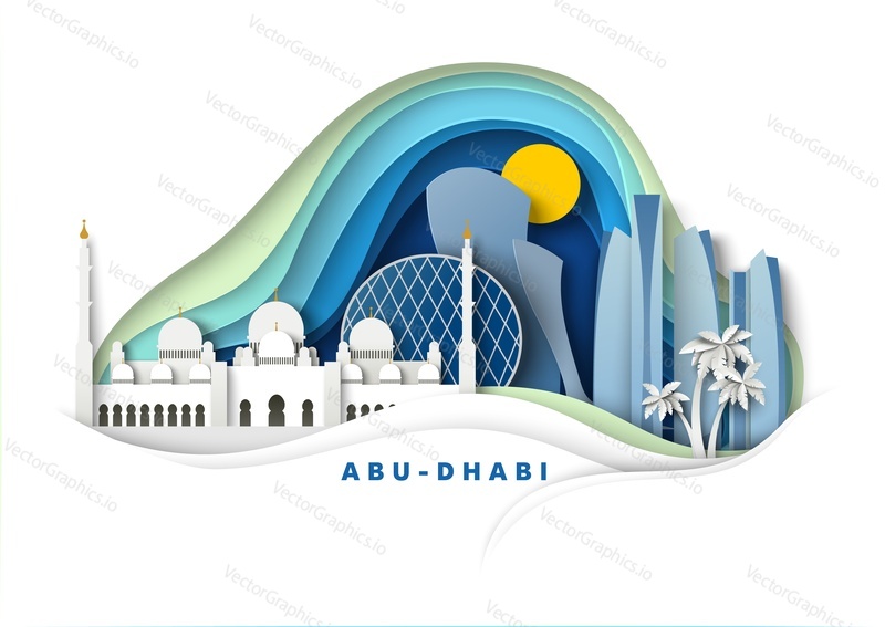 Город Абу-Даби, Объединенные Арабские Эмираты, векторная иллюстрация в стиле бумажного искусства. Большая мечеть, всемирно известные достопримечательности и туристические аттракционы Абу-Даби. Путешествия по всему миру.