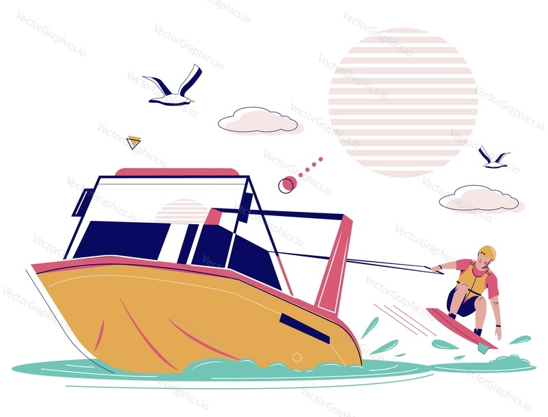 Мужчина, буксируемый моторной лодкой, катающийся на вейкборде, плоская векторная иллюстрация. Вейкбординг, экстремальный водный вид спорта. Клуб вейкбординга. Спорт и отдых.