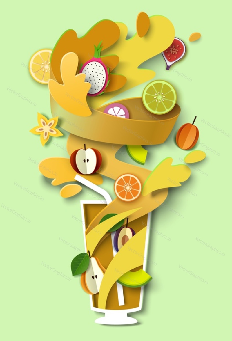 Стакан вкусного фруктового коктейля, вырезанная из векторной бумаги иллюстрация. Полезный летний фруктовый напиток из киви, апельсина, яблока. Пища, богатая витаминами и минералами.