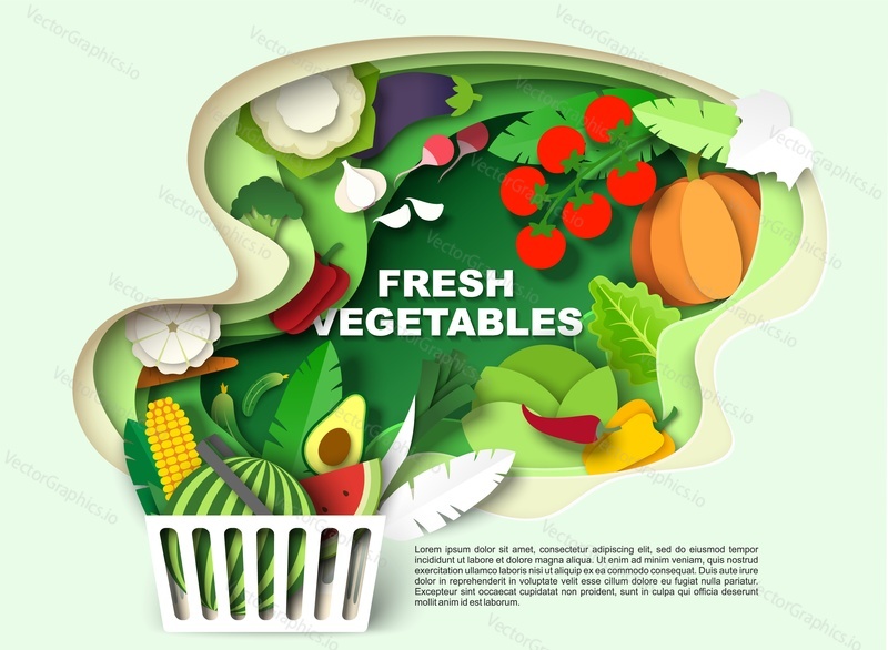 Корзина для покупок в супермаркете, полная овощей и фруктов, векторная иллюстрация в стиле бумажного искусства. Плакат со свежими овощами, шаблон дизайна баннера.