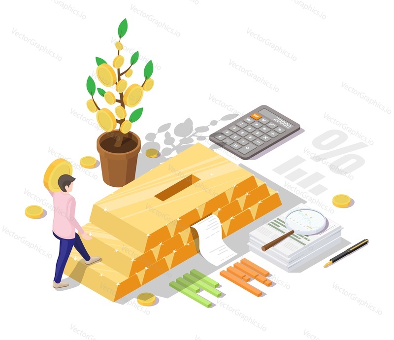 Businessman investing in gold bars, flat vector isometric illustration. Financial investment concept.