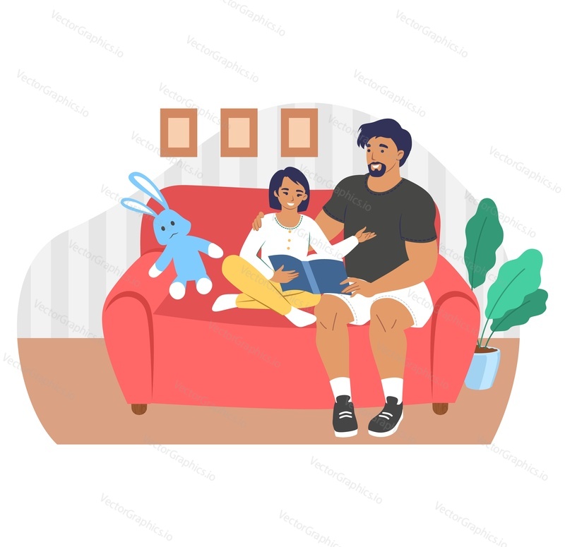 Счастливый отец читает книгу с дочерью, сидя на диване в гостиной, плоская векторная иллюстрация. Папа и ребенок проводят время вместе. Отношения между родителями и детьми, счастливое отцовство и воспитание детей.
