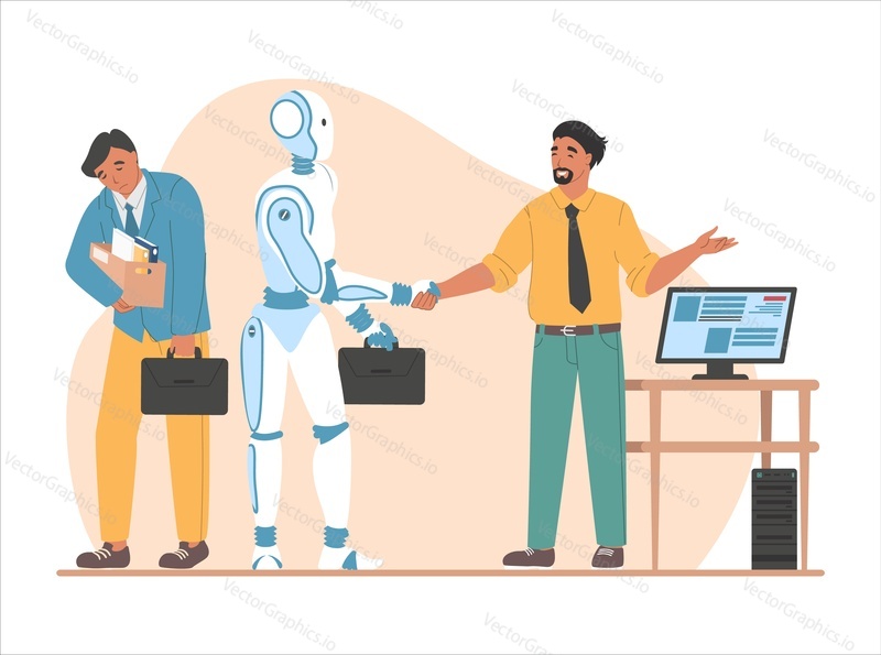 Увольняемый сотрудник, босс пожимает роботу руку, плоская векторная иллюстрация. Превосходство искусственного интеллекта. Автоматизация. Роботы заменяют человека и сокращают его занятость.