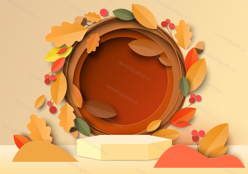 White display podium mockup, paper cut autumn season red and yellow leaves, berries, wreath, vector illustration. Fall floral background for products advertising.