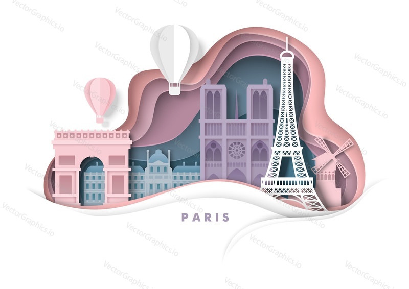 Город Париж, Франция, векторная иллюстрация в стиле бумажного искусства. Триумфальная арка, Эйфелева башня, собор Парижской Богоматери, всемирно известные достопримечательности и туристические аттракционы Парижа. Путешествия по всему миру.