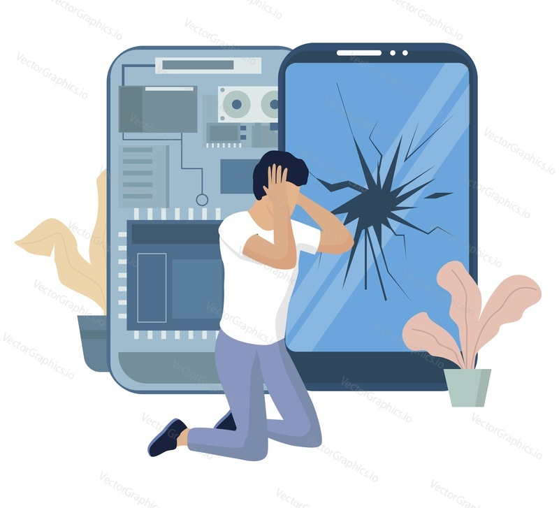 Расстроенный мужчина из-за треснувшего экрана своего мобильного телефона, плоская векторная иллюстрация. Разбитое стекло смартфона, поврежденный дисплей.