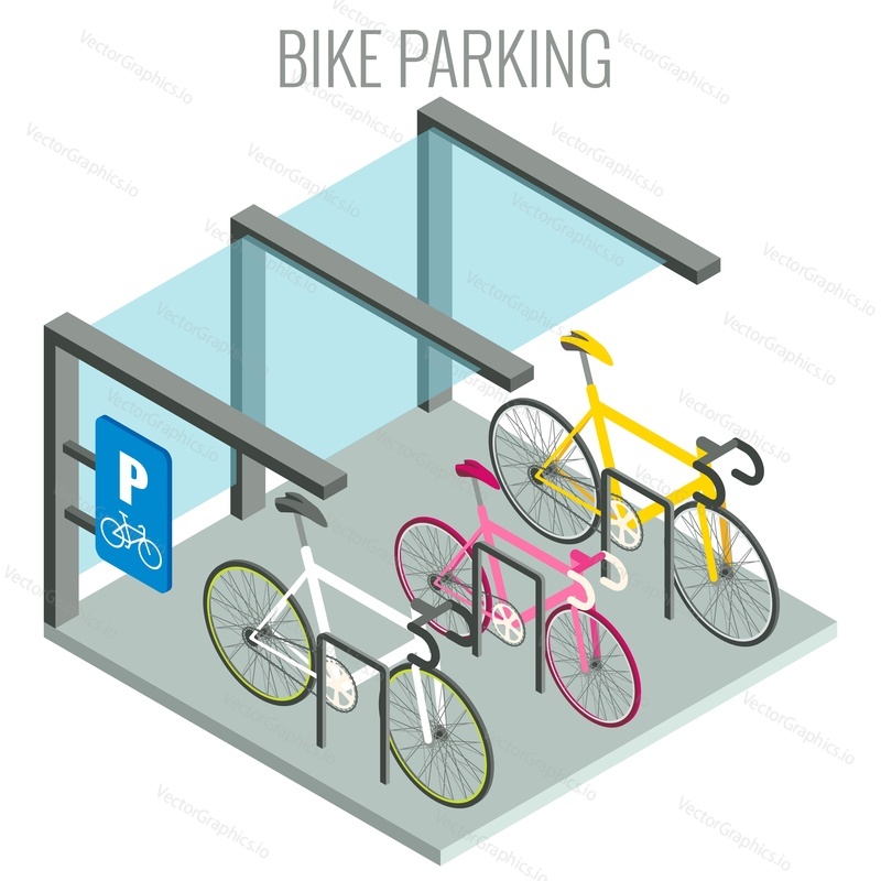 Общественные велосипедные стойки и велосипеды, плоская векторная изометрическая иллюстрация. Концепция городской велопарковки.