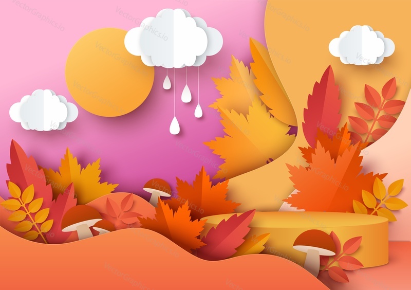 Оранжевый круглый макет подиума, вырезанные из бумаги осенние красные и желтые листья, грибы, дождливые облака, векторная иллюстрация. Осенний цветочный фон для рекламы товаров.