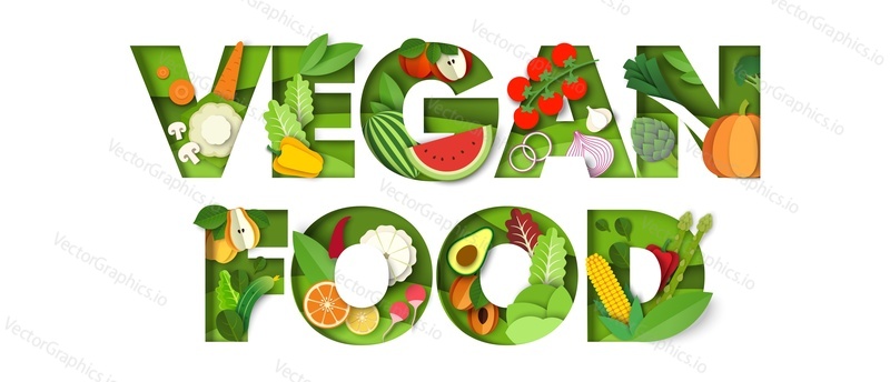 Шаблон векторного баннера с типографикой веганской еды. Креативная композиция из вырезанных из бумаги свежих овощей, сладкого арбуза, яблока, груши и тропических фруктов. Здоровое питание, органическое питание.