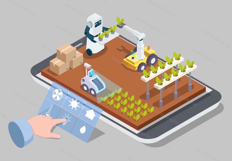 Smart farm, remote control greenhouse with robot machines on smartphone screen, flat vector isometric illustration. Internet of things, artificial intelligence technologies in agriculture.