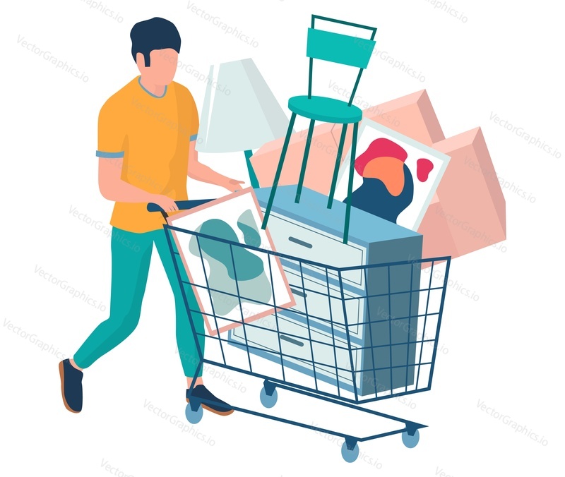 Man with shopping cart full of home furniture items, flat vector illustration. Furniture purchase, sale concept.