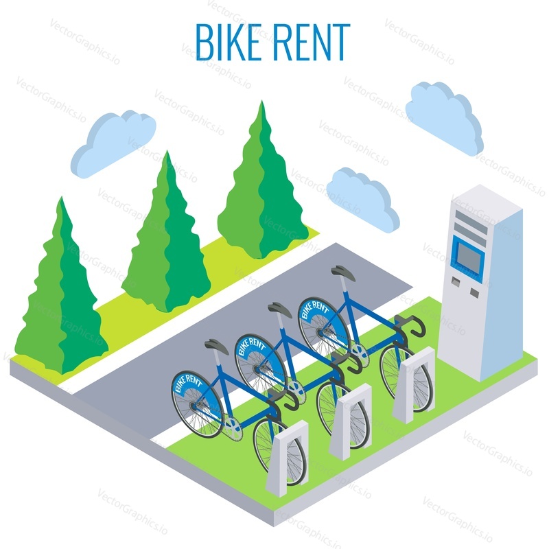 Велосипеды напрокат и кассовый аппарат для оплаты, плоская векторная изометрическая иллюстрация. Прокат велосипедов, городская парковка эко-транспорта, услуга обмена велосипедами.