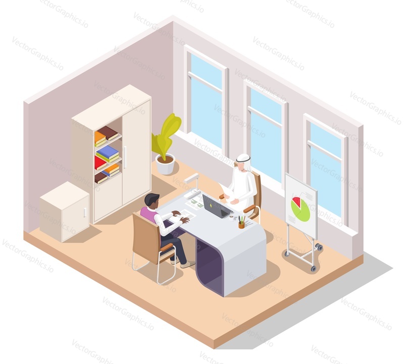 Arab muslim businessman wearing thawb, arabic male traditional dress working at office, flat vector isometric illustration. Office situation, workplace, workflow.