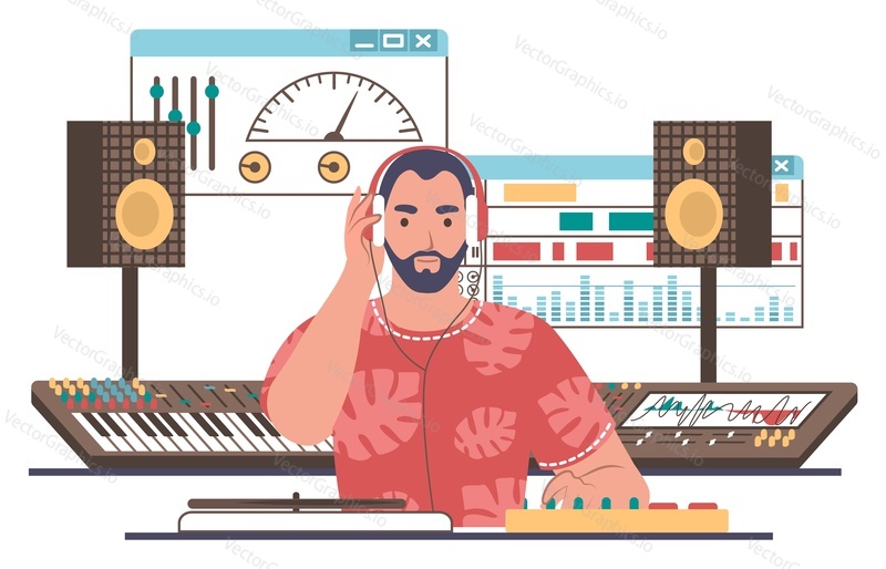 Sound designer, engineer, editor creating music in studio, flat vector illustration. Sound and music recording, editing and mixing.