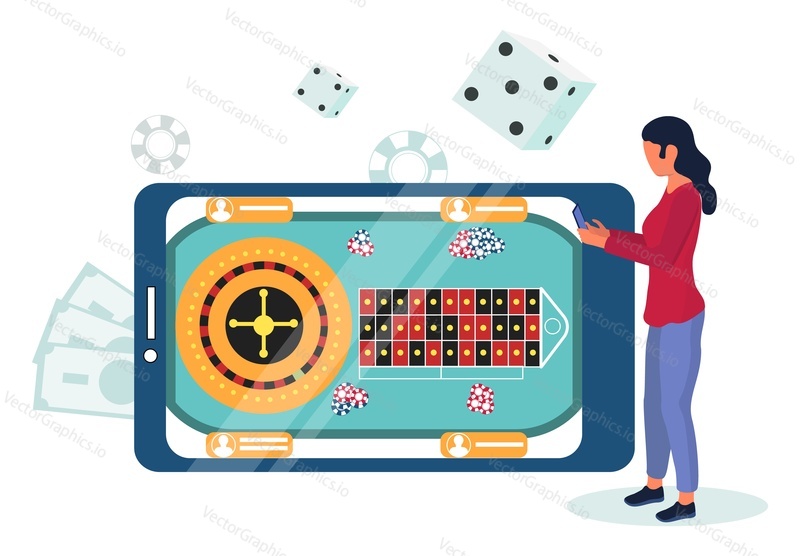 Мобильный телефон с колесом рулетки, фишки на экране. Женщина, играющая в мобильные игры казино онлайн, плоская векторная иллюстрация. Индустрия азартных игр. Онлайн-рулетка.