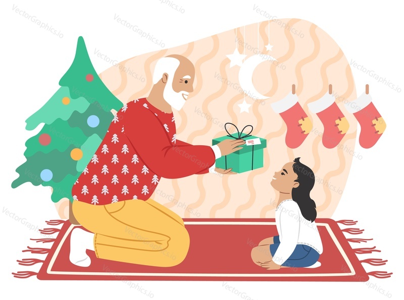 Grandfather giving Christmas gift to granddaughter, flat vector illustration. Happy grandpa and grandkid celebrating Christmas holidays together. Grandparent and grandchild relationships.