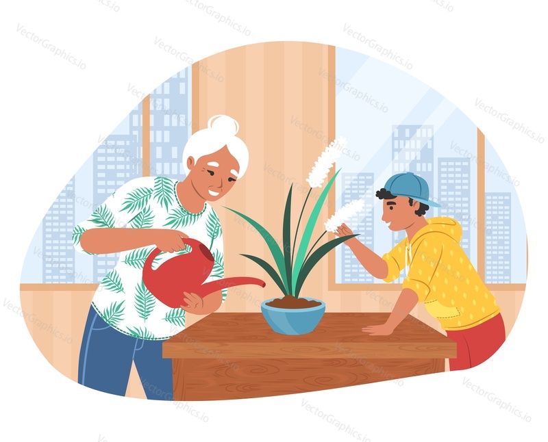 Grandson helping his grandmother with housework, flat vector illustration. Happy grandma and grandkid spending time together doing household chores. Grandparent and grandchild relationships.