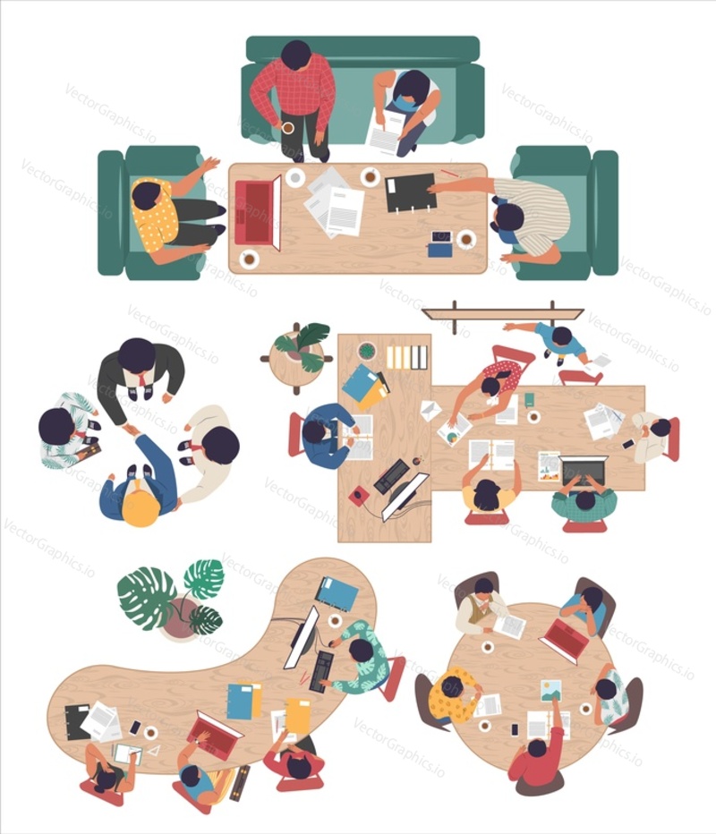 Group of business people discussing project startup, company strategy, vector flat top view illustration. Boardroom meeting, conference, brainstorm, teamwork, handshake.