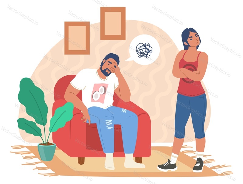 Unhappy family couple having relationship problems, flat vector illustration. Marriage conflict, crisis, disagreement, divorce.