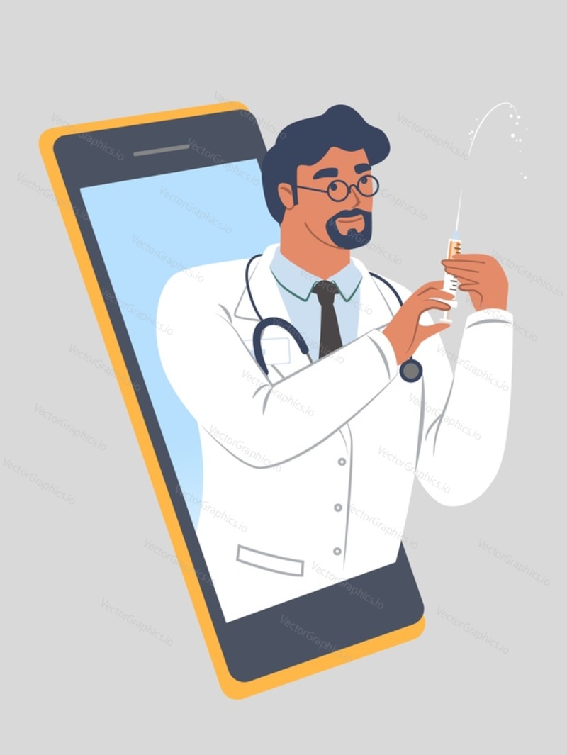 Смартфон с доктором, держащим шприц, плоская векторная иллюстрация. Онлайн-медицина, телемедицина, виртуальные консультации и лечение, медицинский ассистент, технология видеозвонков.