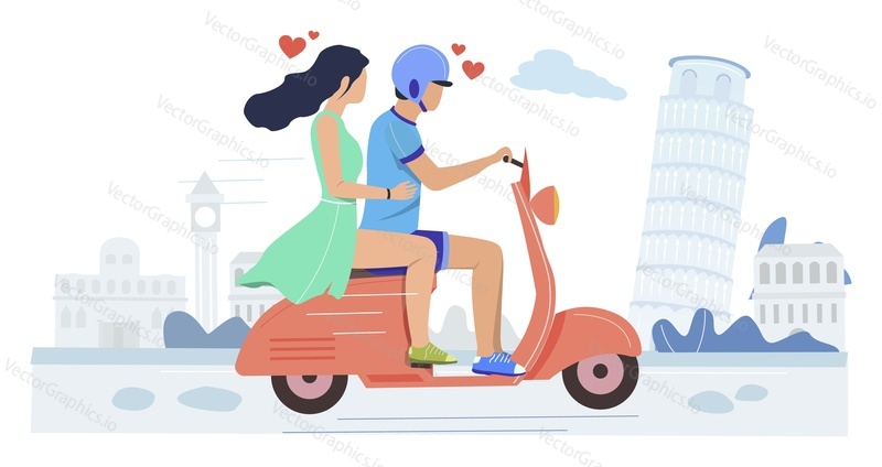 Счастливая влюбленная пара катается на мотороллере, плоская векторная иллюстрация. Летние каникулы, романтический отпуск, медовый месяц.