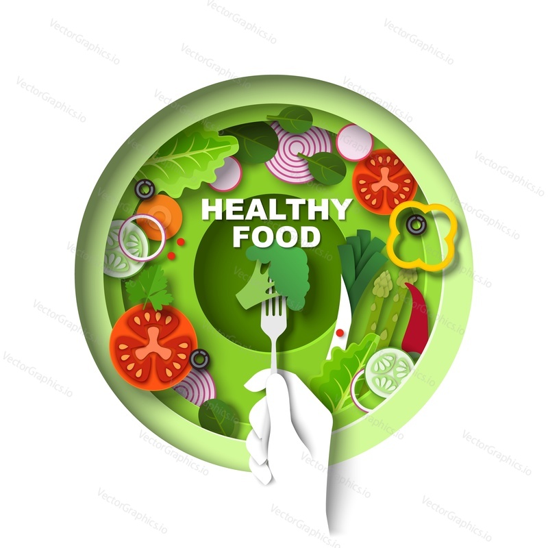 Миска с вкусным веганским салатом, рука, держащая вилку с брокколи, векторная иллюстрация сверху в стиле бумажного искусства. Здоровое питание, вегетарианская еда. Плакат о здоровом питании, шаблон дизайна баннера.
