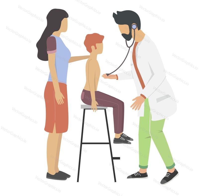 Врач-педиатр осматривает мальчика со стетоскопом, плоская векторная иллюстрация. Обследование ребенка, консультация врача в медицинской клинике, детская медицина.