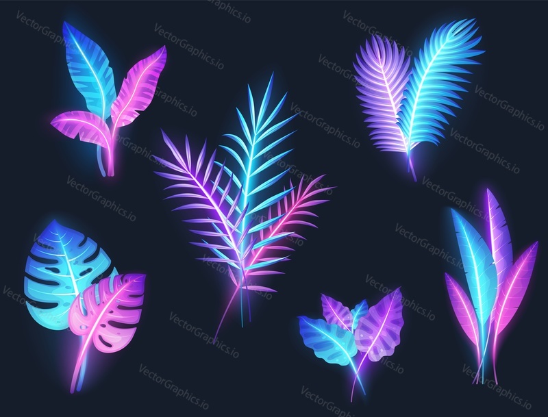 Purple neon tropical banana, monstera plants, palm tree leaves set, vector isolated illustration. Fluorescent colors exotic jungle plant leaves. Tropic summer beach party, vacation.