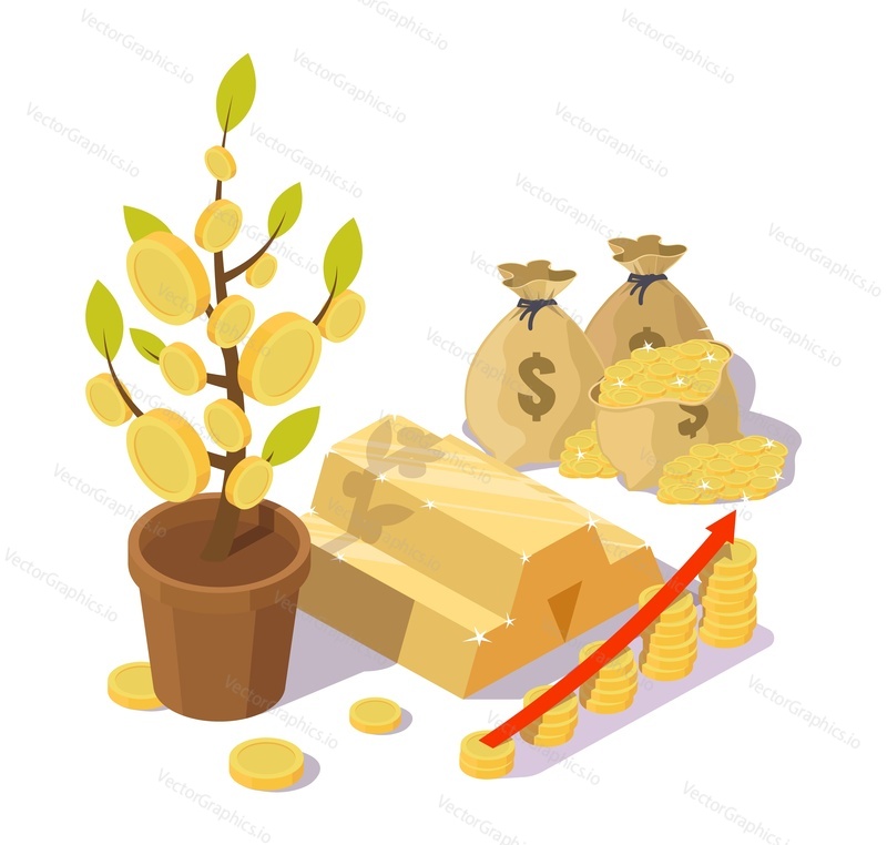 Денежное дерево, золотые слитки, денежные мешки, диаграмма со стрелками, плоская векторная изометрическая иллюстрация. Концепция инвестиций в золото.