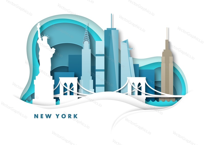 Горизонт Нью-Йорка, США, векторная иллюстрация в стиле бумажного искусства. Нью-Йорк, Статуя Свободы, мост, всемирно известные достопримечательности и туристические аттракционы. Путешествия по всему миру.